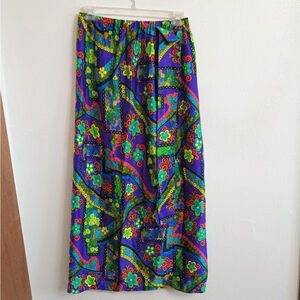 Vintage 60s Alice Polynesian Fashions Tie Waist Maxi Skirt W/ Slit Neon Mod Boho